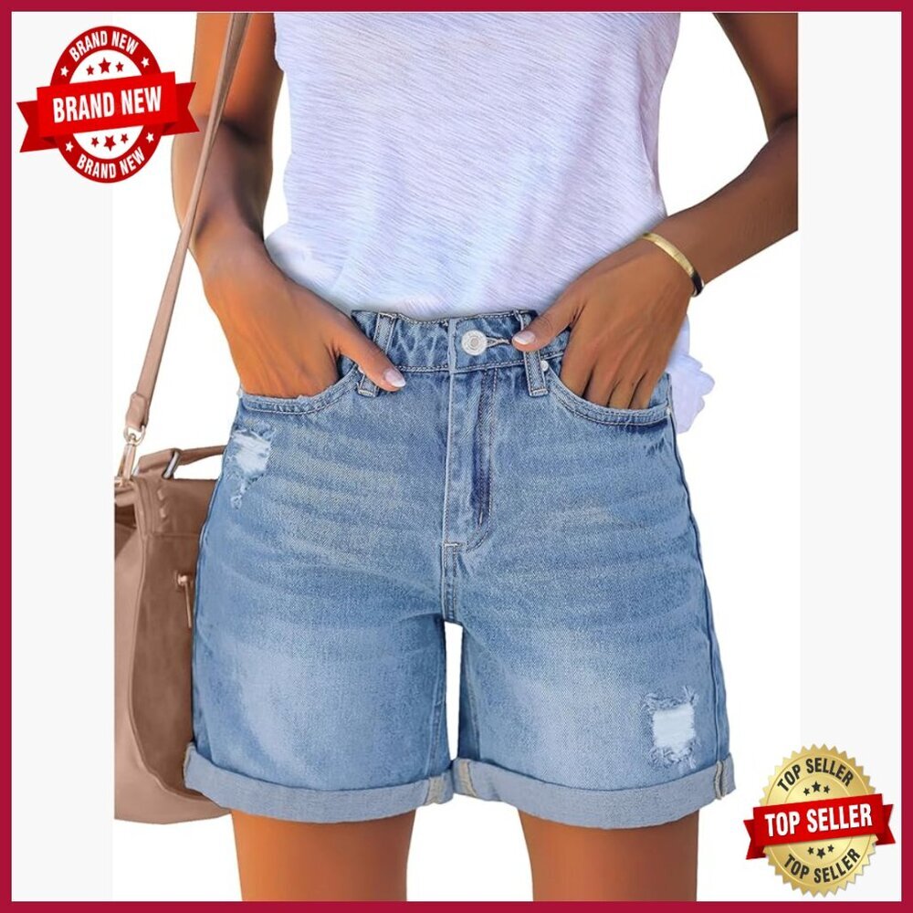 High Rise Distressed Denim Shorts with Rolled Hem and Pockets